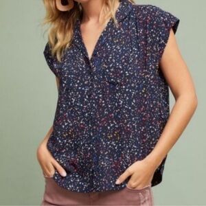 Anthropologie Maeve Paint Splatter Cap Sleeve Button down Top Size Large